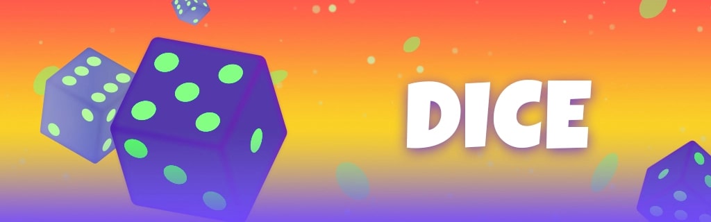 Colorful background with floating dice and the word 'DICE' in bold letters.