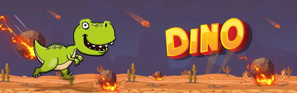 Banner image for Dino game showing a cartoon T-Rex running across a desert landscape with flaming meteors falling from the night sky