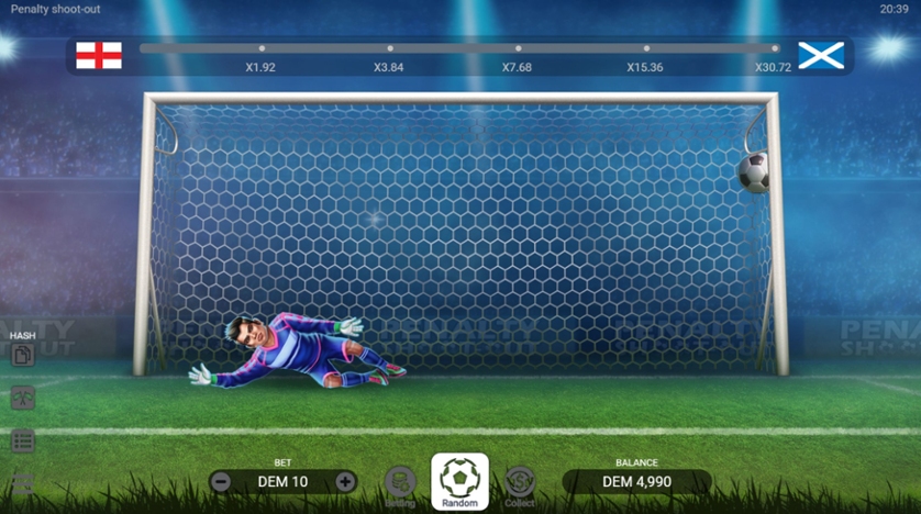 Gameplay screenshot of Penalty Shoot-out showing a diving goalkeeper trying to save a ball, with multiplier values and betting options visible