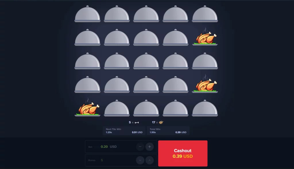 Game interface showing a grid of cloches and roast chickens with betting and cashout options