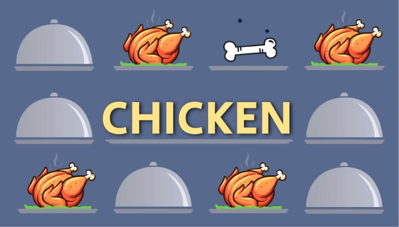 llustration of roast chickens and cloches with the word 'CHICKEN' in the center.