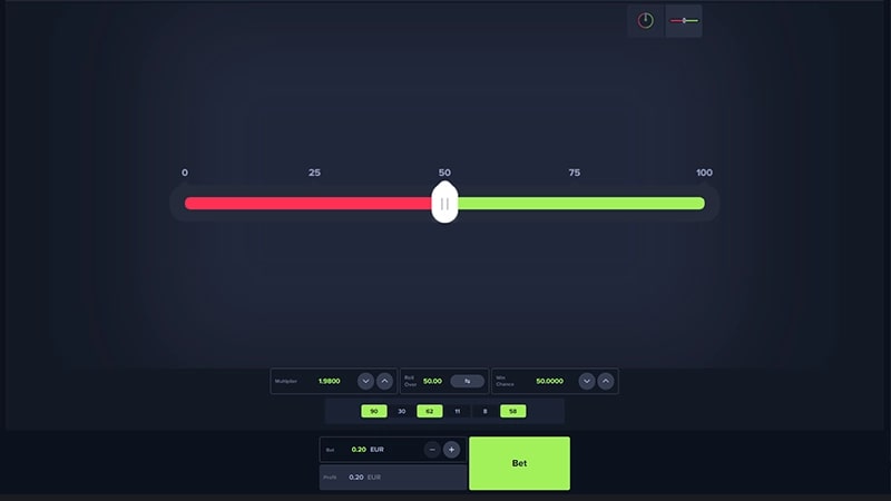 Una interfaz de juegos de azar con tema oscuro que muestra una barra deslizante de 0 a 100 con un indicador de progreso. Debajo hay botones de control y opciones de apuesta con un botón verde 'Bet'.