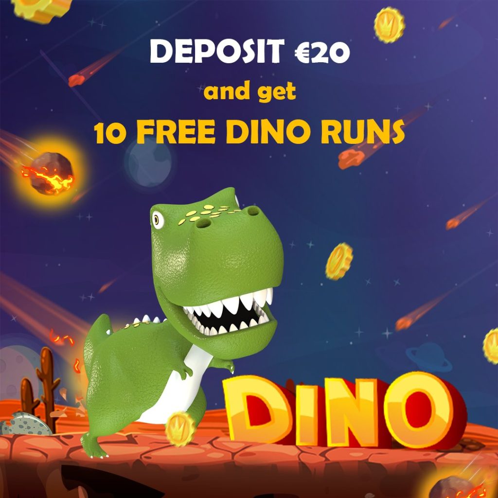 Promotional image for Dino game offering 10 free runs for a €20 deposit, featuring a cartoon T-Rex dinosaur with coins and meteors in space