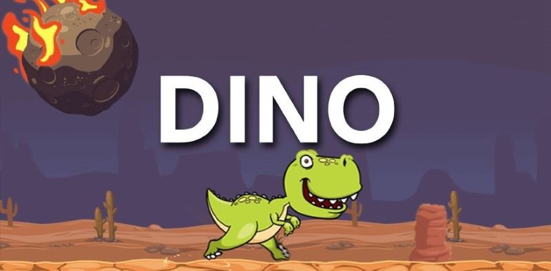 Game logo for 'DINO' with a smiling green cartoon dinosaur running across a desert landscape with a flaming meteor in the sky