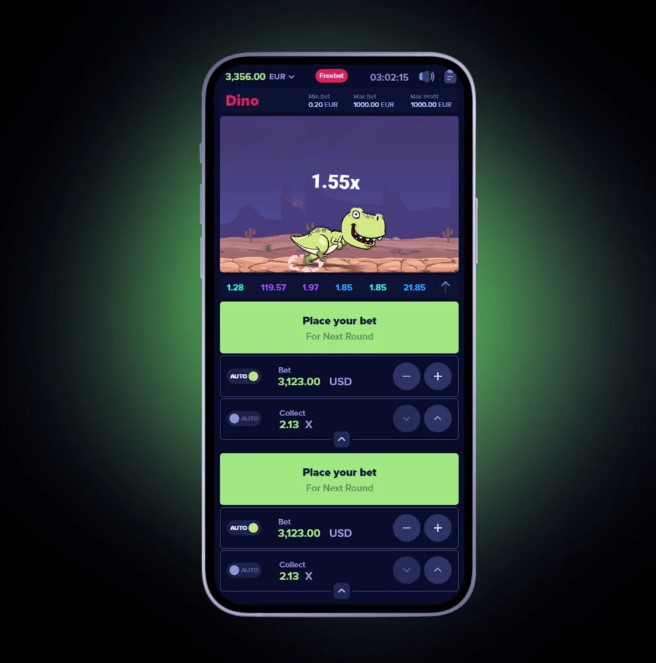 Mobile interface of Dino casino game showing a cartoon dinosaur running across a desert landscape with a multiplier of 1.55x displayed