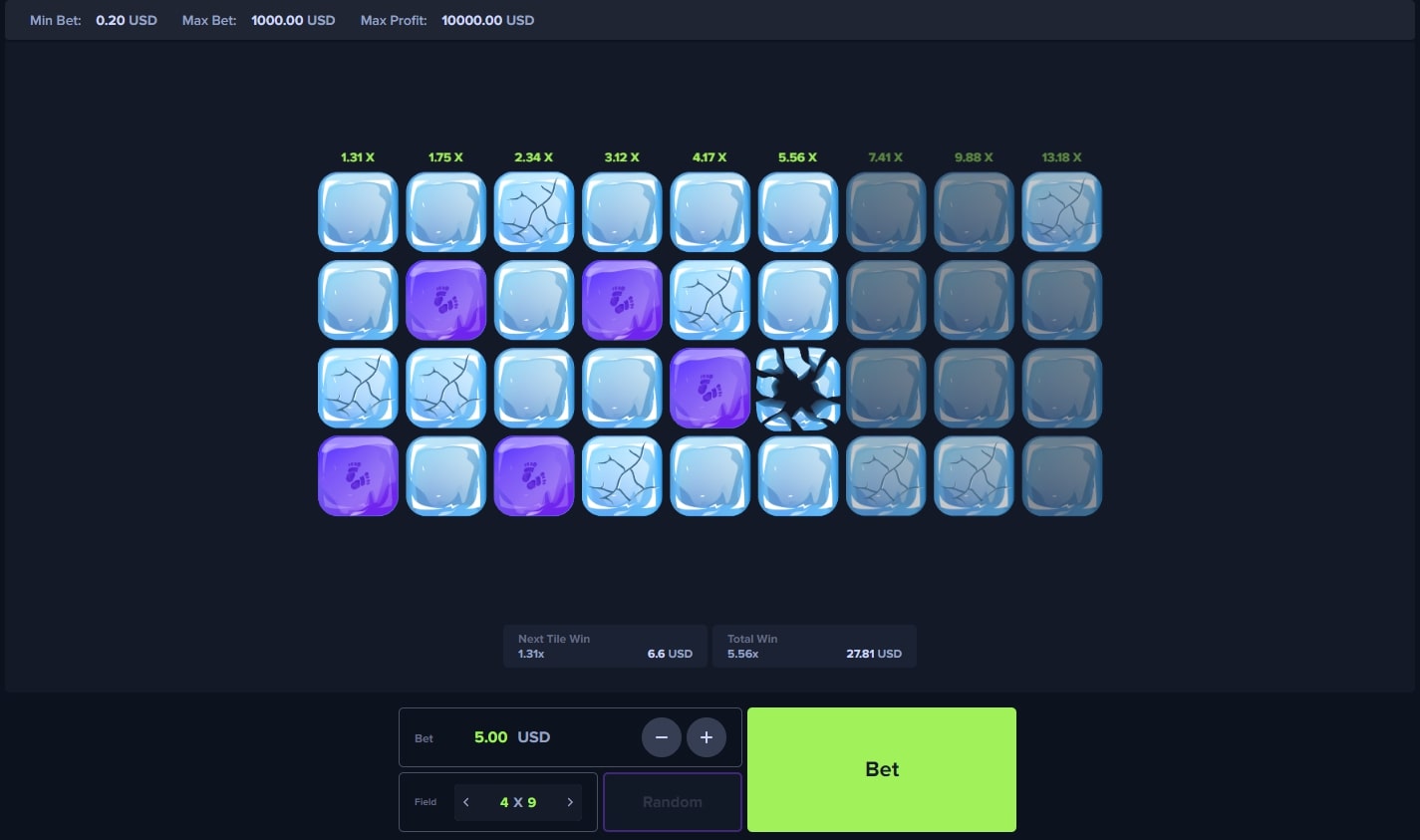 Screenshot of the Icefield game with a 4x9 grid. Tiles display multipliers ranging from 1.31x to 13.18x, with a total win of 27.81 USD and a bet of 5.00 USD