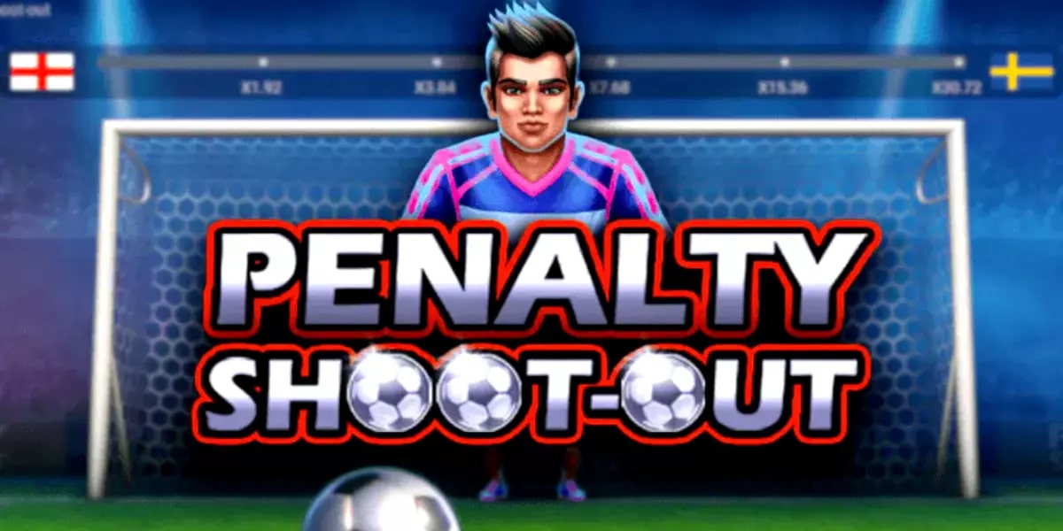 Penalty Shoot-out game interface showing a goalkeeper in front of a soccer goal, with team flags and multiplier values displayed above