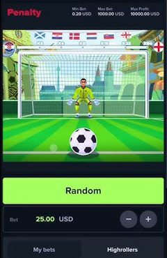 Mobile interface of Penalty Shoot-out game, displaying a goalkeeper ready to defend, a soccer ball, and betting options at the bottom