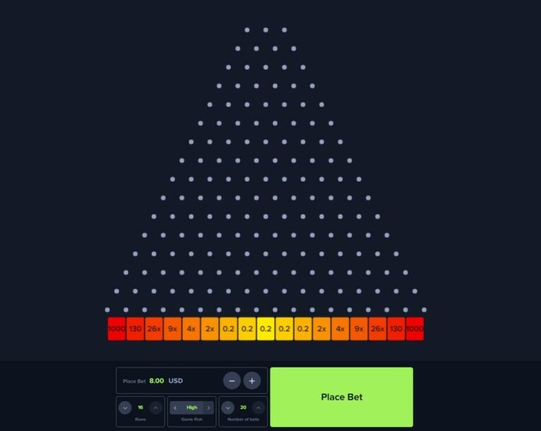 Un diseño similar del tablero de Plinko que muestra un patrón de cuadrícula triangular con puntos grises y una fila inferior de valores multiplicadores. Debajo del tablero hay un botón verde 'Place Bet' (Realizar Apuesta) y controles de apuesta que muestran una cantidad de 8.00 USD.