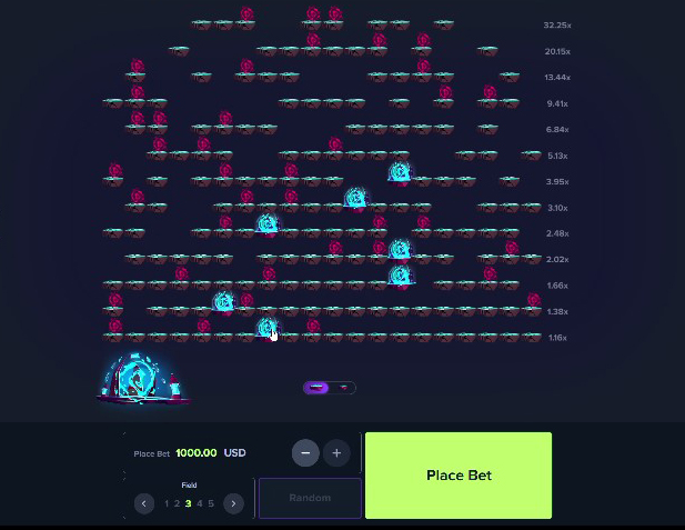 Screenshot of the Teleport game interface on MyStake, showing a grid with multipliers and obstacles, a bet amount of $1000, and a "Place Bet" button.