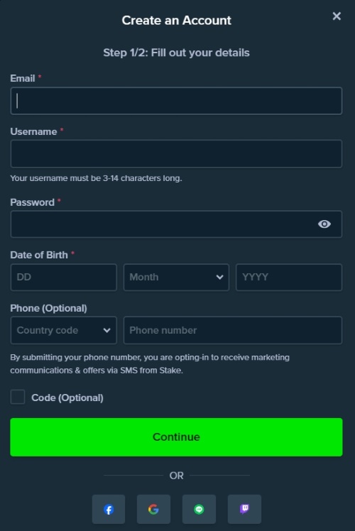 Formulario de registro de Stake titulado 'Create an Account' mostrando el paso 1 de 2. Incluye campos para email, nombre de usuario, contraseña, fecha de nacimiento y número de teléfono opcional. En la parte inferior muestra opciones de inicio de sesión social con Facebook, Google y otros servicios.