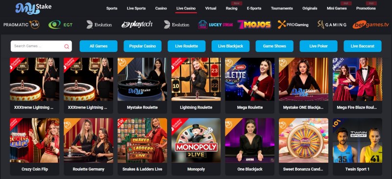 Sección de casino en vivo de MyStake mostrando una cuadrícula de juegos populares, incluyendo XXXtreme Lightning Roulette, MyStake Roulette, Lightning Roulette, Mega Roulette y otros juegos de mesa en vivo. La interfaz incluye un menú de navegación con opciones como 'All Games', 'Popular Casino' y 'Live Roulette'.